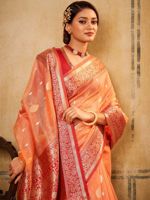 Orange Zari Woven Festive Tissue Saree