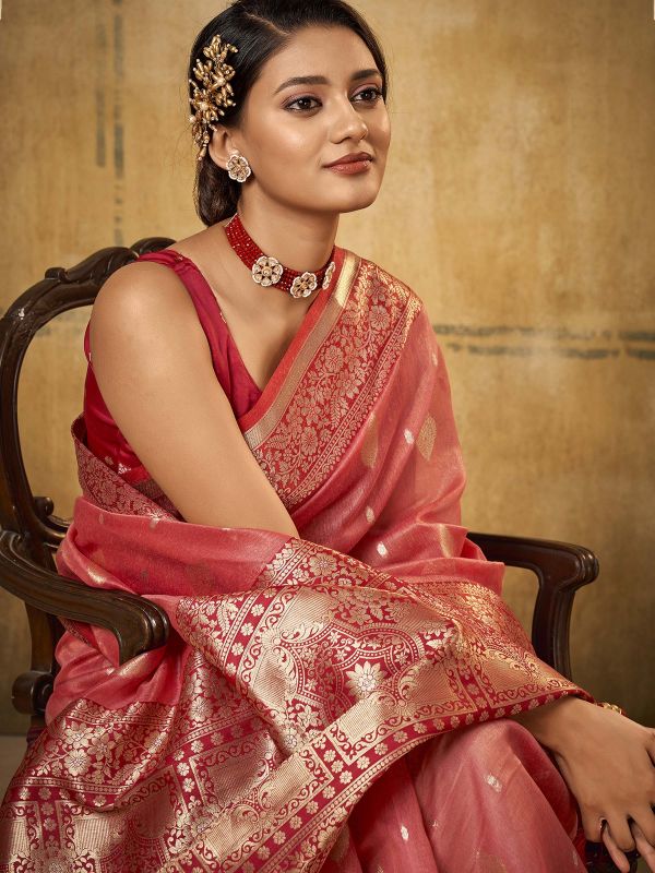Peach Woven Party Wear Tissue Saree