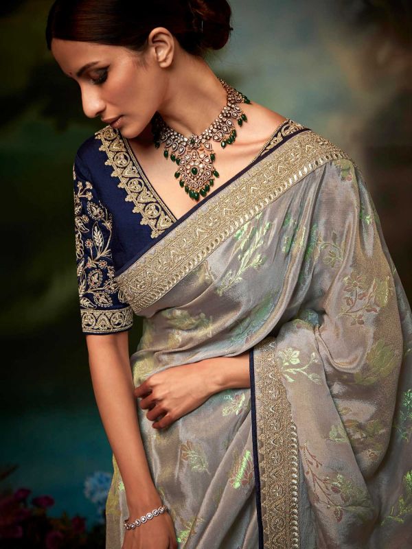 Silver Woven Saree With Embroidered Blouse