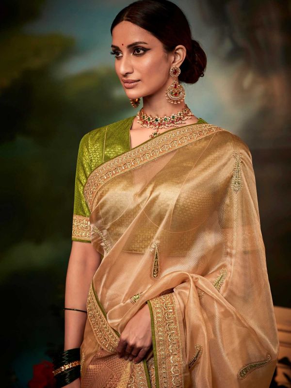 Beige Wedding Silk Saree With Embroidery