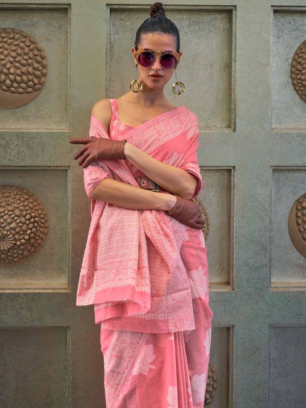 Pink Silk Saree With Chikankari Work