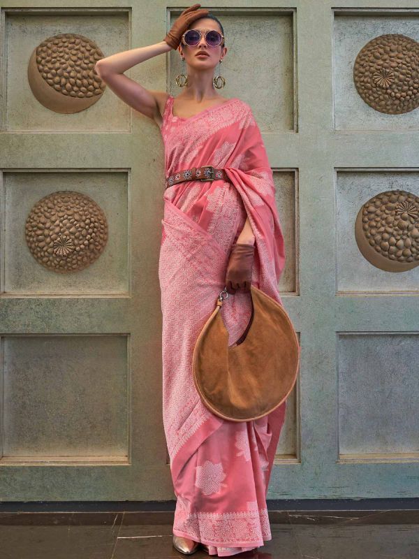Pink Silk Saree With Chikankari Work