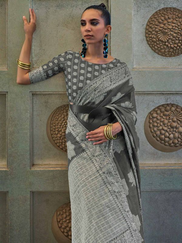 Grey Party Wear Chikankari Work Saree