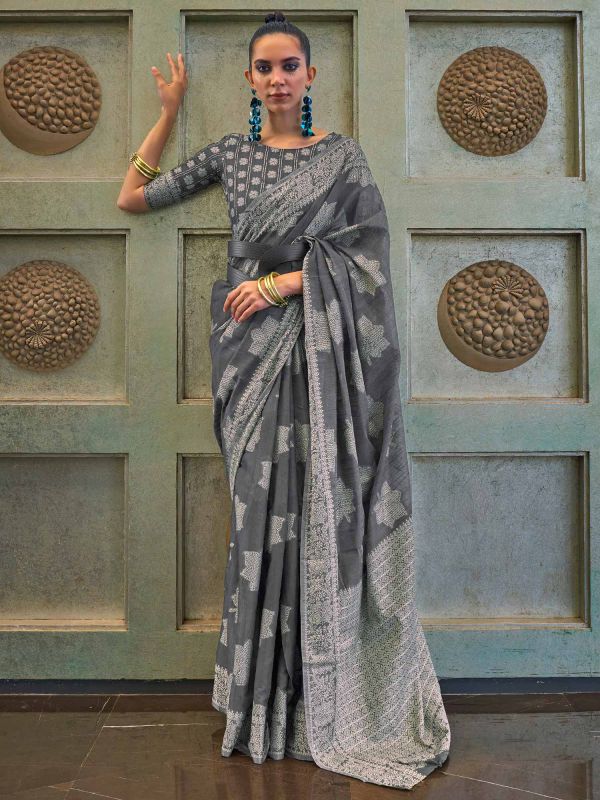 Grey Party Wear Chikankari Work Saree