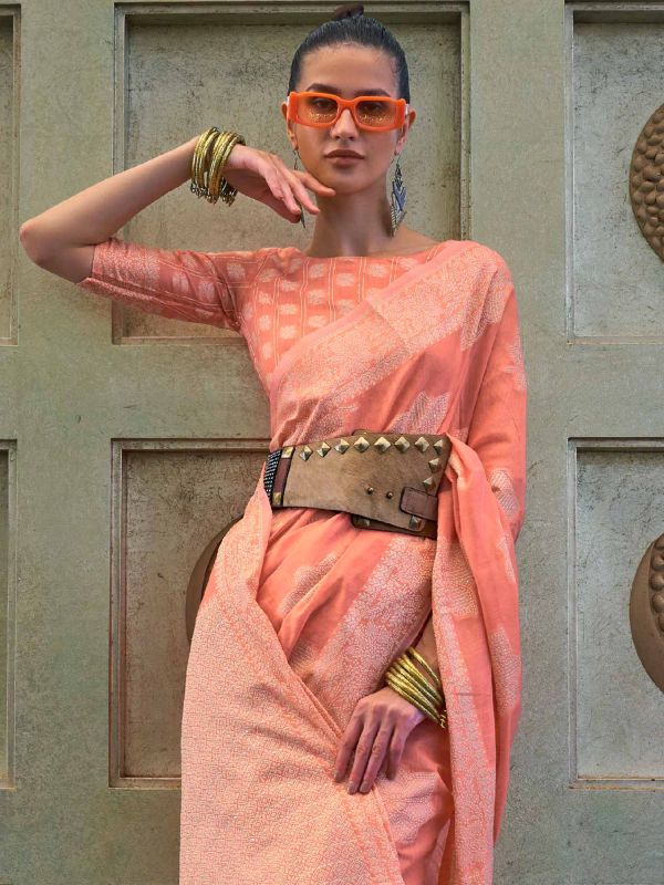 Peach Chikankari Work Saree In Silk