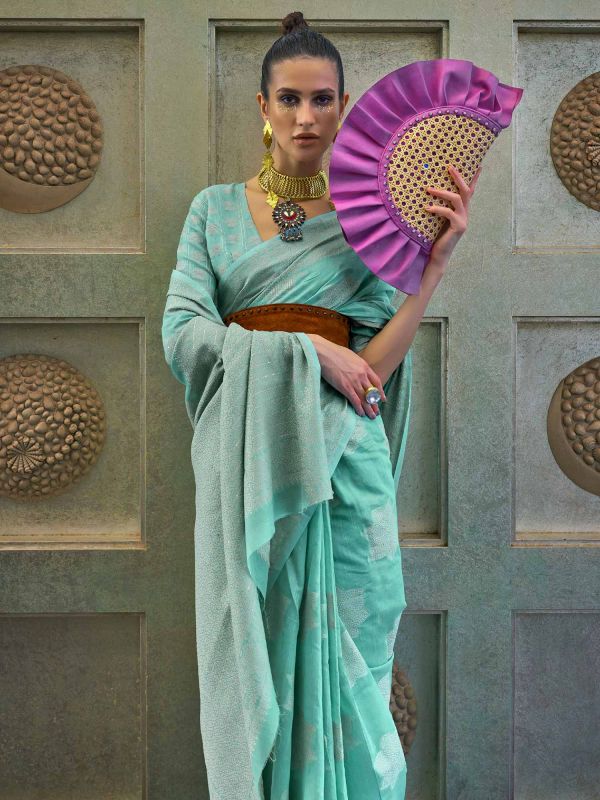 Turquoise Silk Saree With Chikankari Work