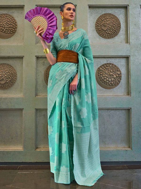 Turquoise Silk Saree With Chikankari Work