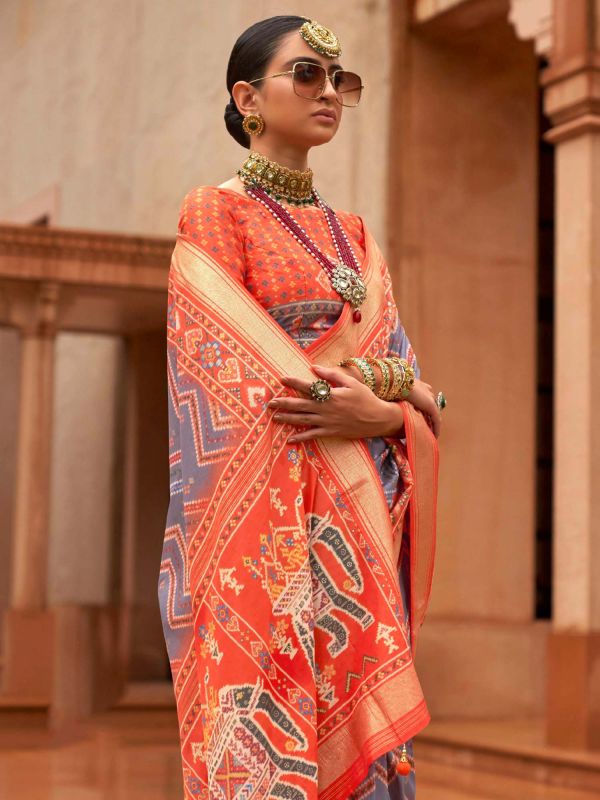 Grey Party Wear Patola Silk Saree