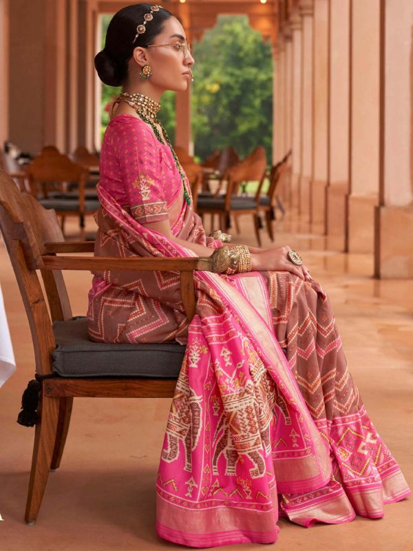 Brown Patola Printed Saree In Silk