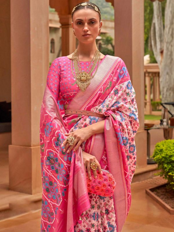 Off White Patola Silk Saree With Blouse