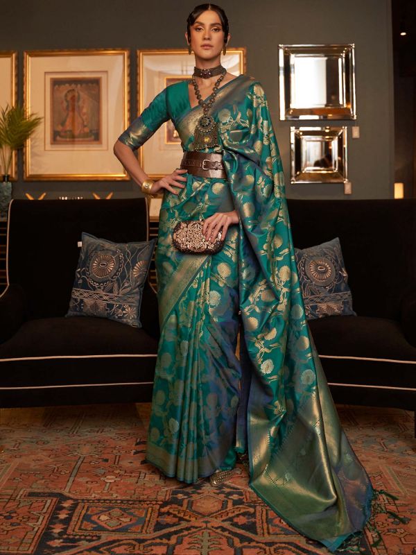 Green Party Wear Saree With Zari Weaves