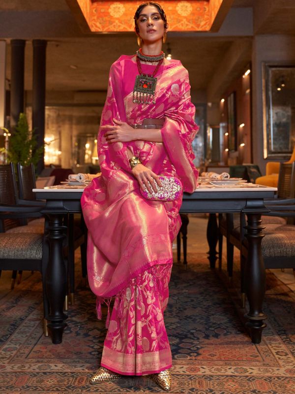 Pink Floral Woven Wedding Saree In Silk
