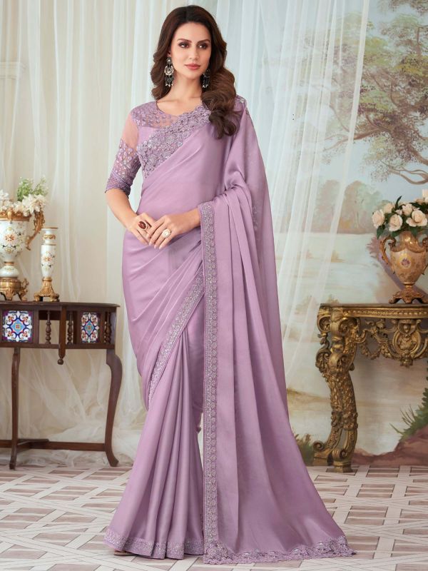 Purple Embroidered Border Saree In Georgette