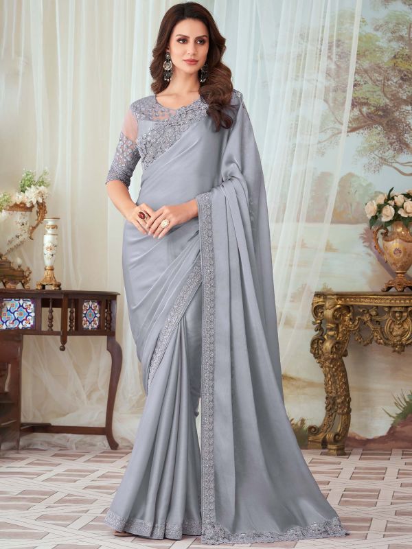 Silver Party Wear Embroidered Saree In Georgette