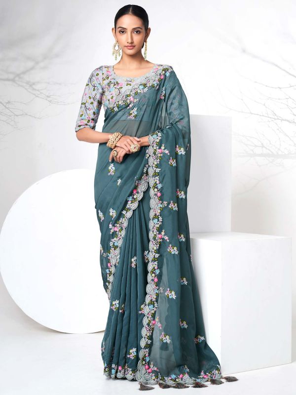 Blue Organza Saree With Embroidered Boder