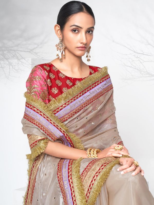 Beige Mirror Embellished Organza Saree
