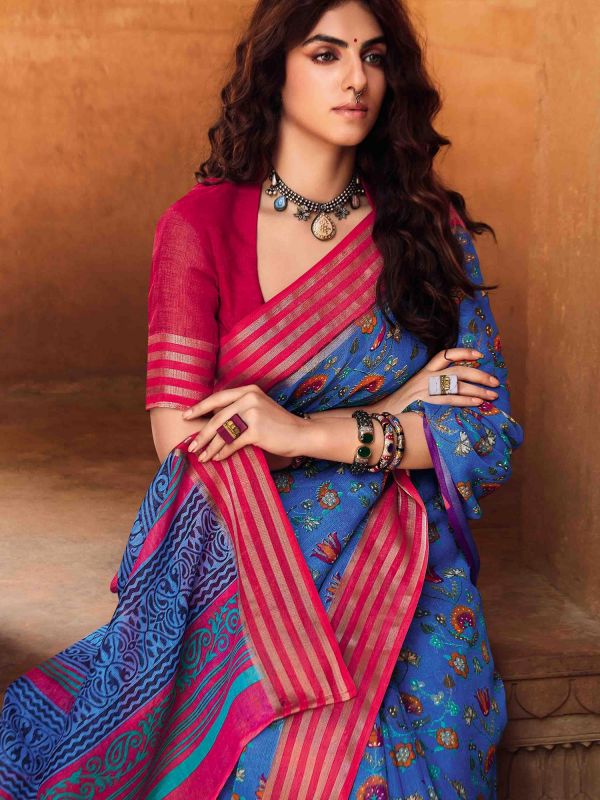 Blue Floral Printed Saree In Linen