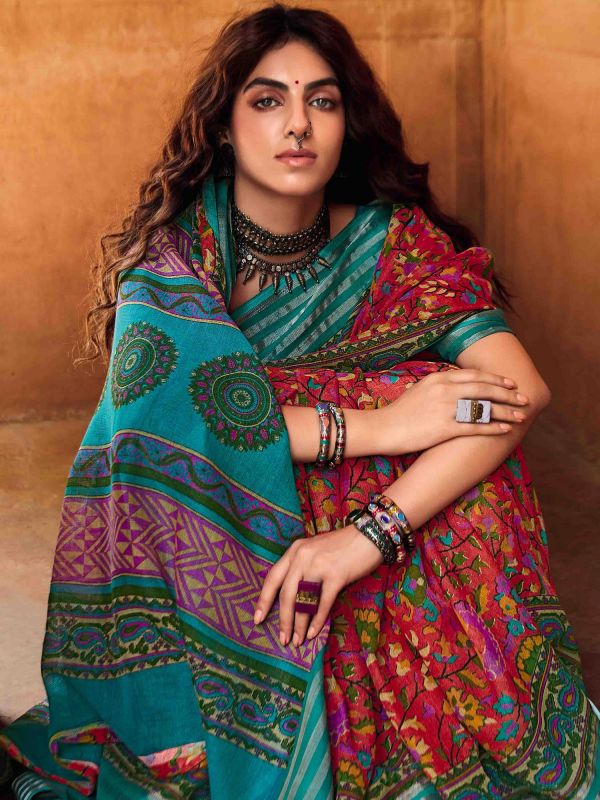 Red Printed Casual Saree In Linen