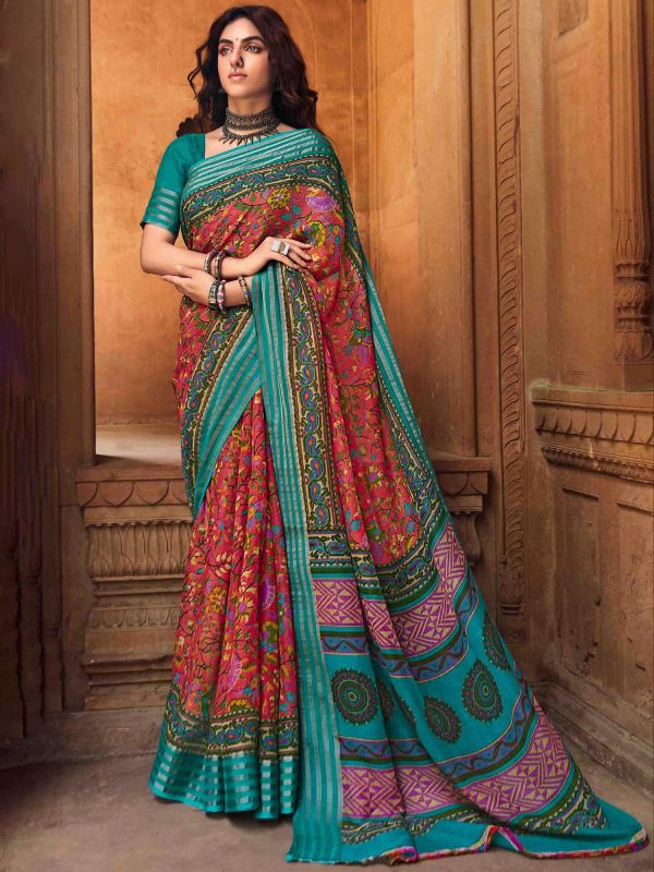 Red Printed Casual Saree In Linen