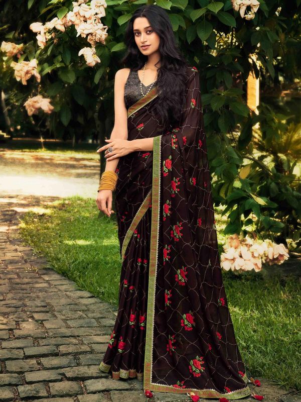 Brown Floral Print Saree In Chiffon