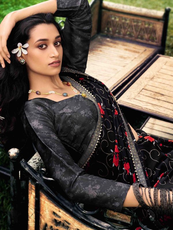 Black Floral Print Chiffon Saree