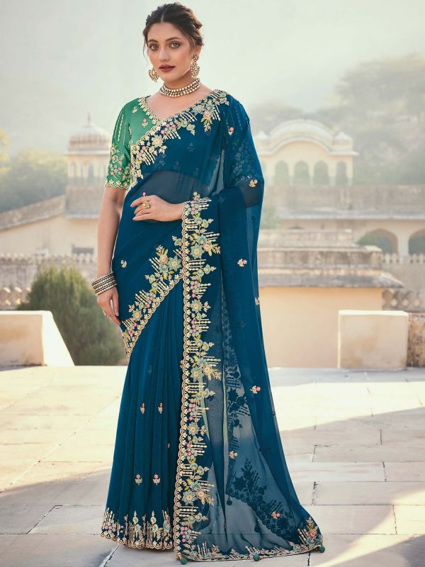 Blue Wedding Silk Saree With Zari Embroidery