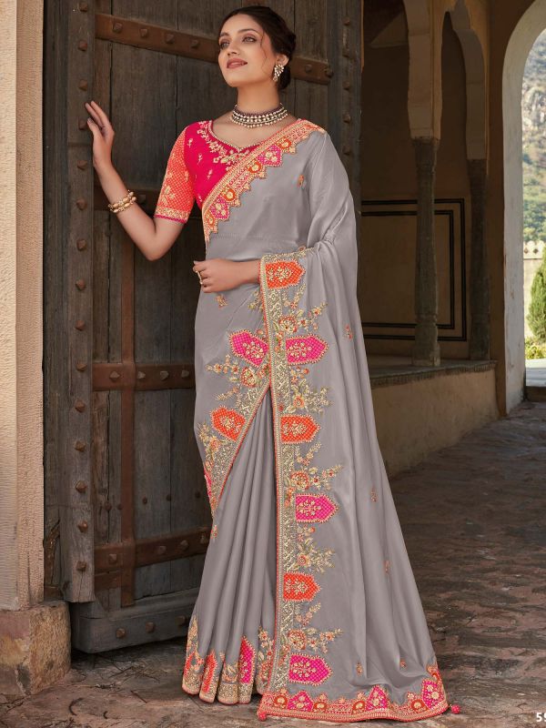Grey Silk Saree With Embroidered Border