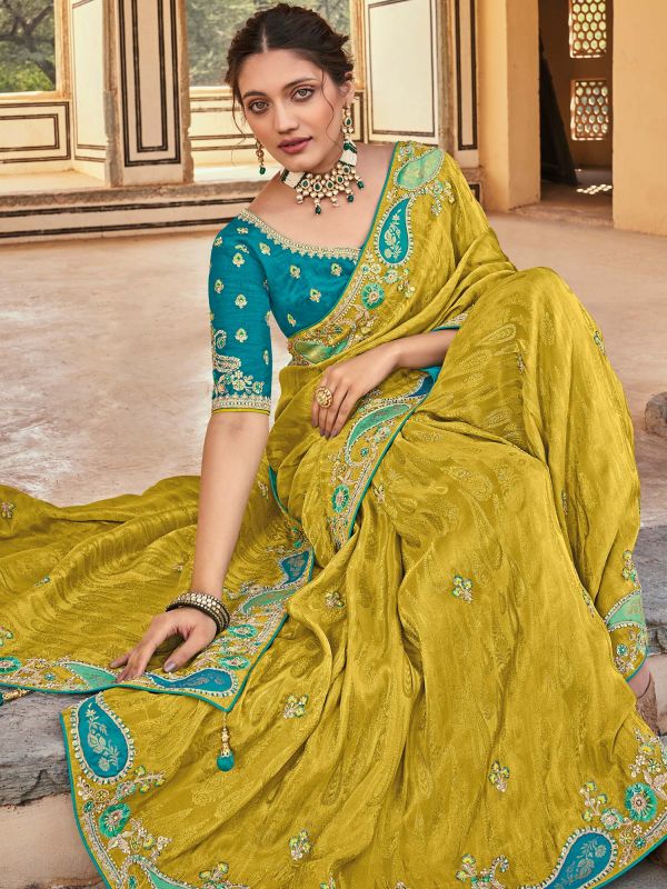 Yellow Thread Embroidered Border Saree In Silk