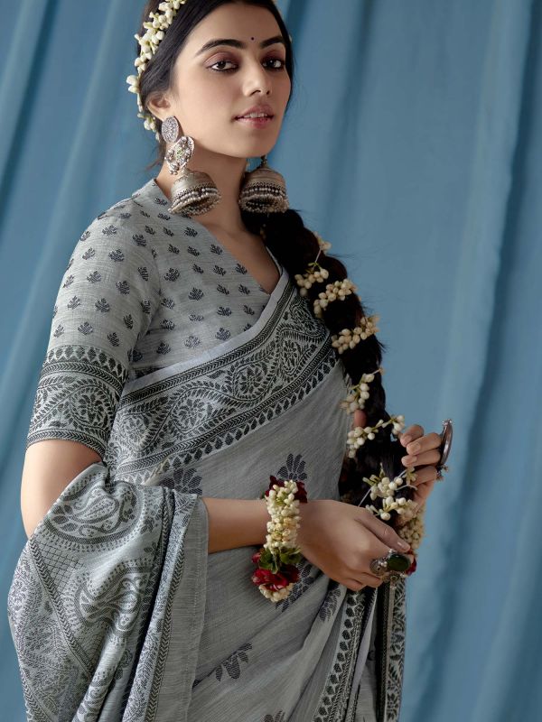 Grey Casual Saree And Blouse In Linen
