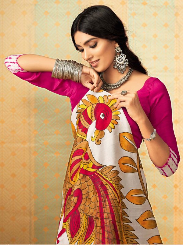 Pink Printed Saree In Tussar Silk