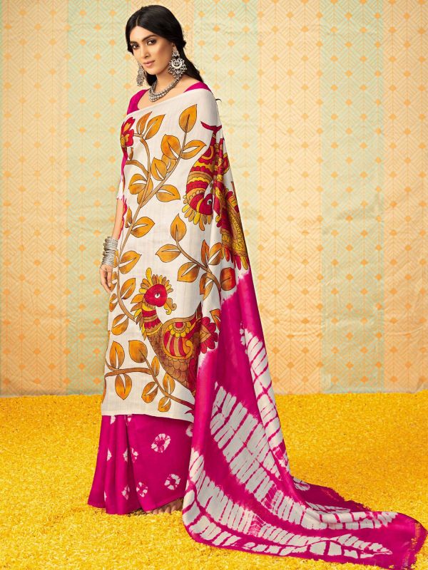 Pink Printed Saree In Tussar Silk