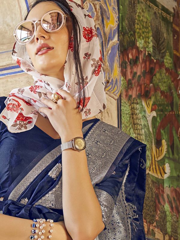 Blue Art Silk Woven Saree With Blouse