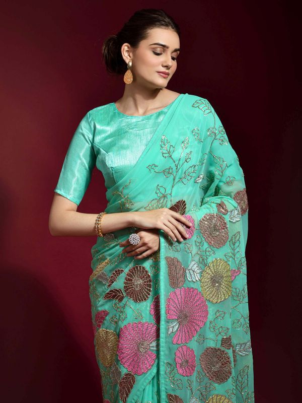 Turquoise Stone Work Festive Silk Saree