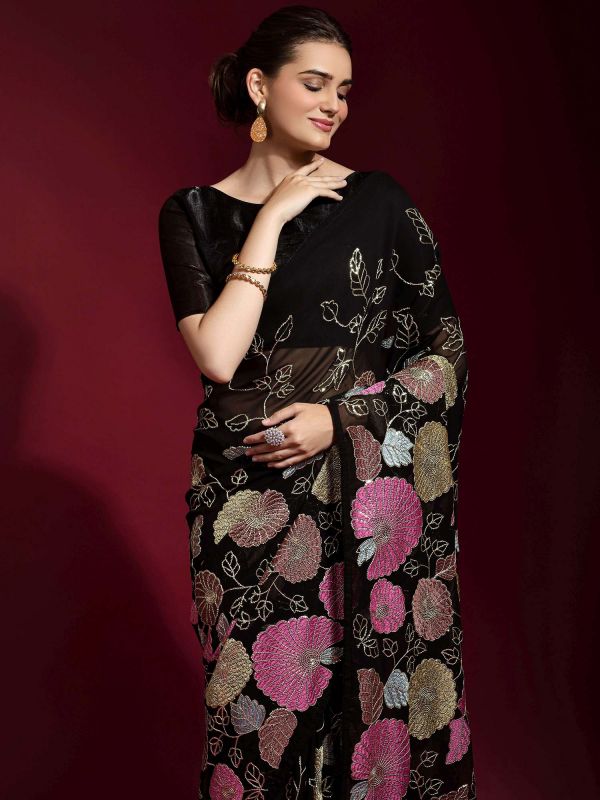 Black Banglori Silk Embroidered Saree