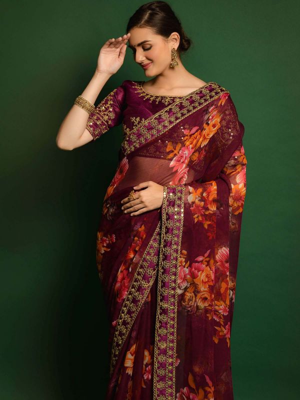 Maroon Printed Georgette Saree With Blouse