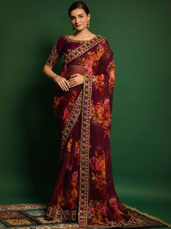 Maroon Printed Georgette Saree With Blouse