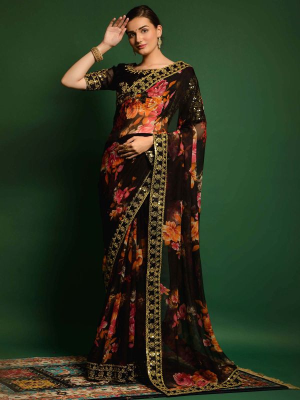 Black Georgette Saree With Floral Prints