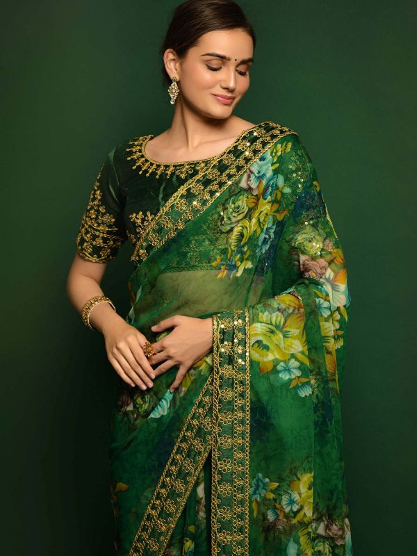 Green Festive Georgette Saree With Zari Embroidery