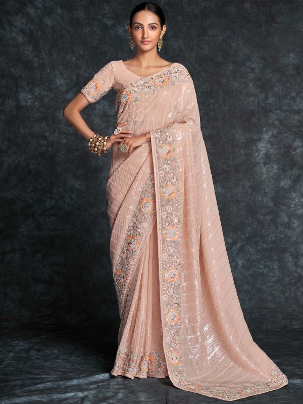 Peach Georgette Wedding Saree With Embroidered Border