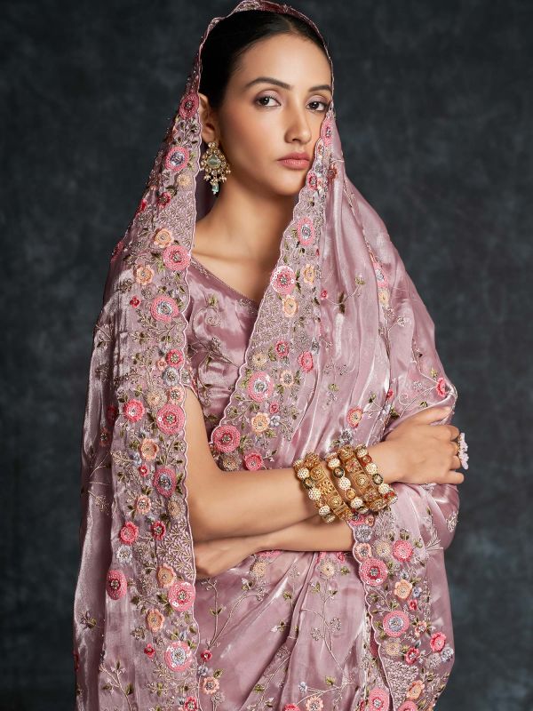Purple Embroidered Wedding Saree In Organza
