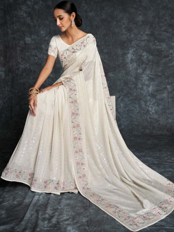 White Sequined Georgette Saree With Blouse