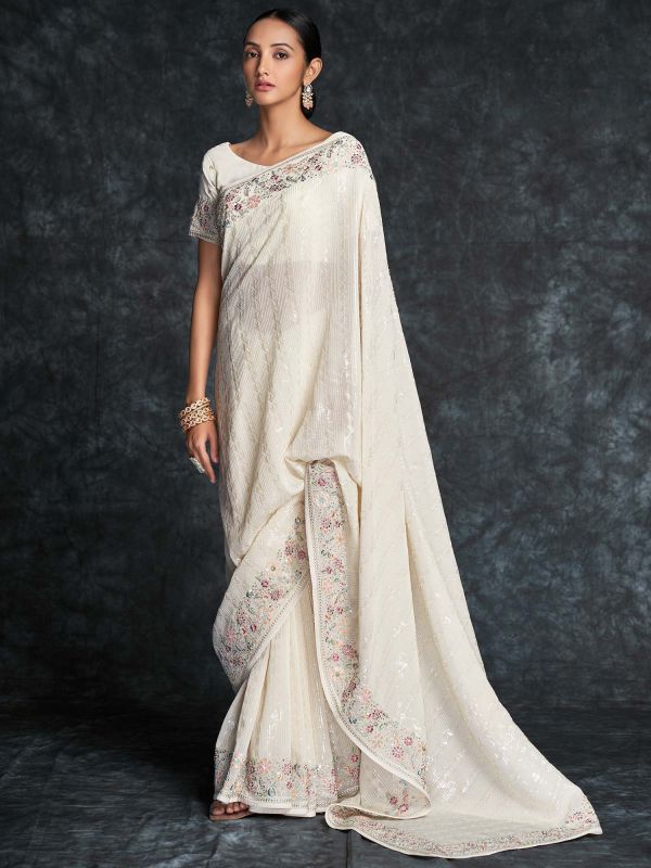 White Sequined Georgette Saree With Blouse