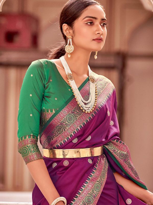 Purple Banarasi Silk Saree With Woven Details