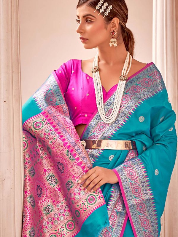 Blue Woven Traditional Saree In Banarasi Silk