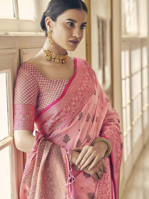 Pink Woven Festive Saree In Tussar Silk
