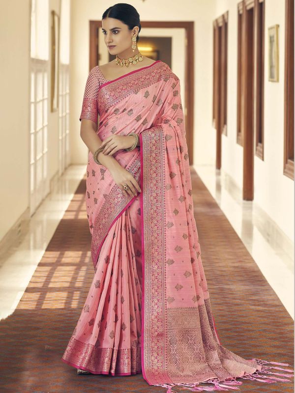 Pink Woven Festive Saree In Tussar Silk