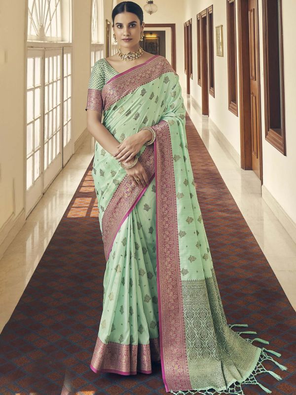 Green Tussar Silk Saree With Woven Work