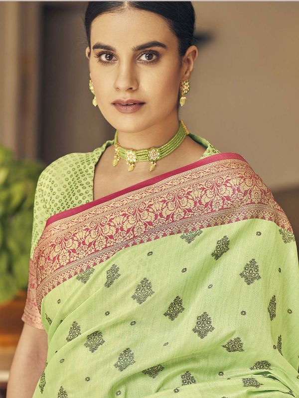 Green Tussar Silk Saree With Blouse