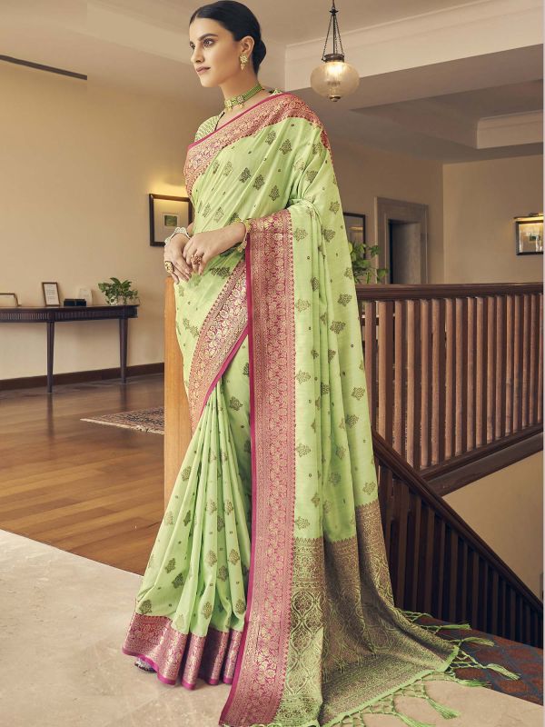 Green Tussar Silk Saree With Blouse