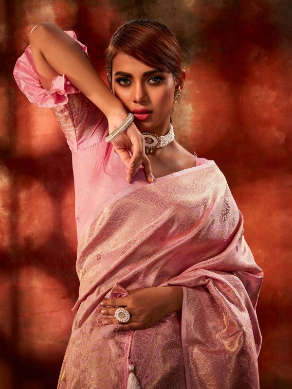Pink Party Wear Woven Saree With Blouse
